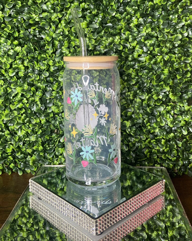 "Floral Brain Mental Health Matters" Glass Tumbler