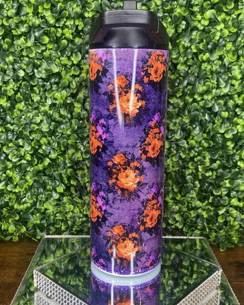 Purple and Orange Floral Skull Water Bottle