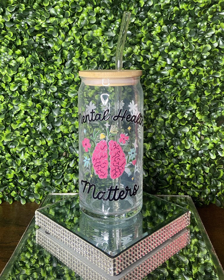 "Floral Brain Mental Health Matters" Glass Tumbler