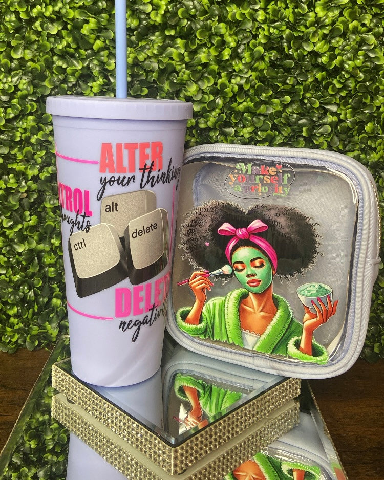 “Control Alter Delete Negativity” Self Care Pouch Bag & Tumbler Set
