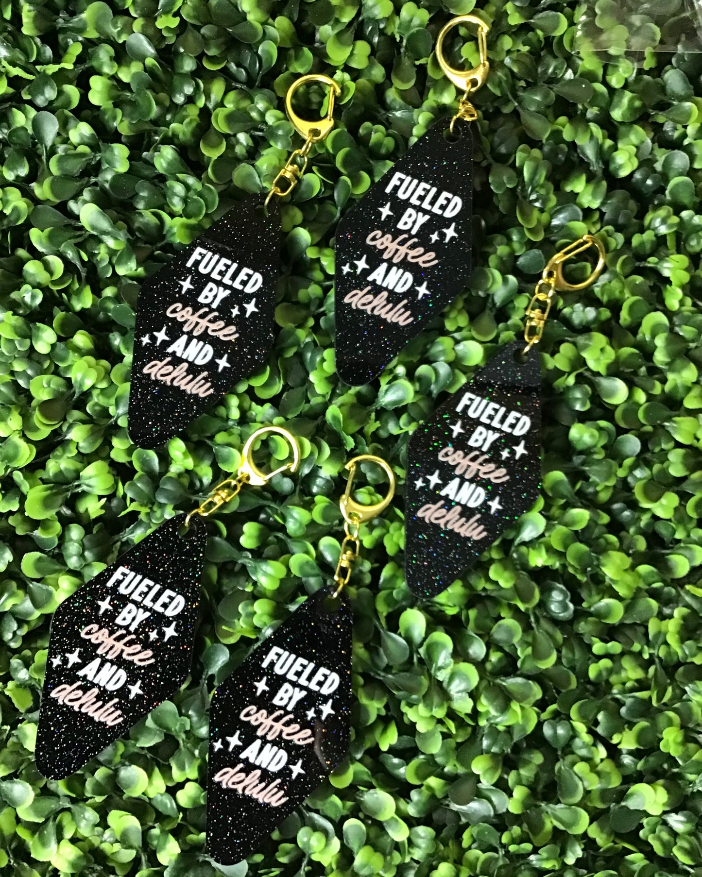 "Fueled by Coffee and Delulu" Glitter Keychain