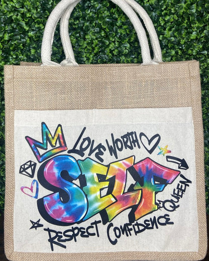 “Self Worth” Jute Canvas Tote Bag