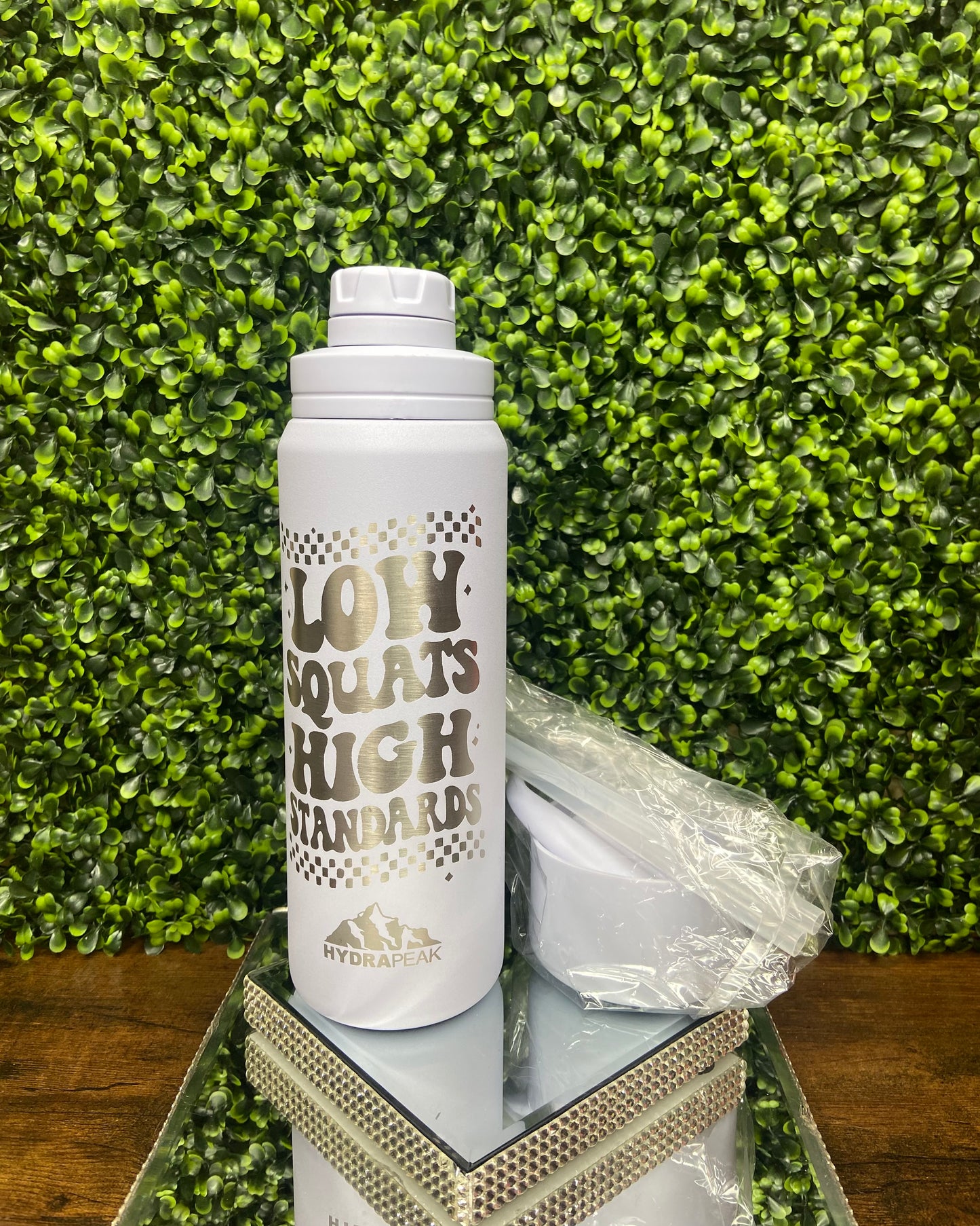 26 Oz “Low Squats High Standards” Lavender Stainless Steel Insulated Hydrapeak Water Bottle
