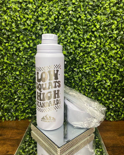 26 Oz “Low Squats High Standards” Lavender Stainless Steel Insulated Hydrapeak Water Bottle