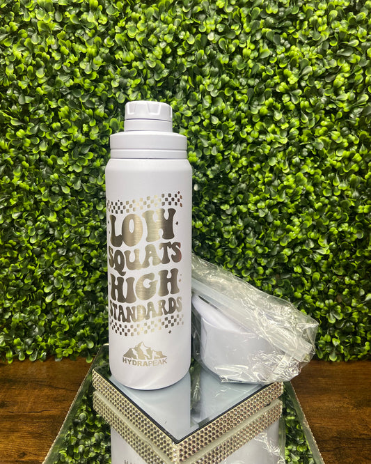 26 Oz “Low Squats High Standards” Lavender Stainless Steel Insulated Hydrapeak Water Bottle
