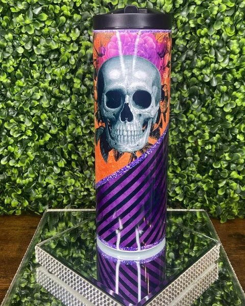 Purple and Orange Floral Skull Water Bottle