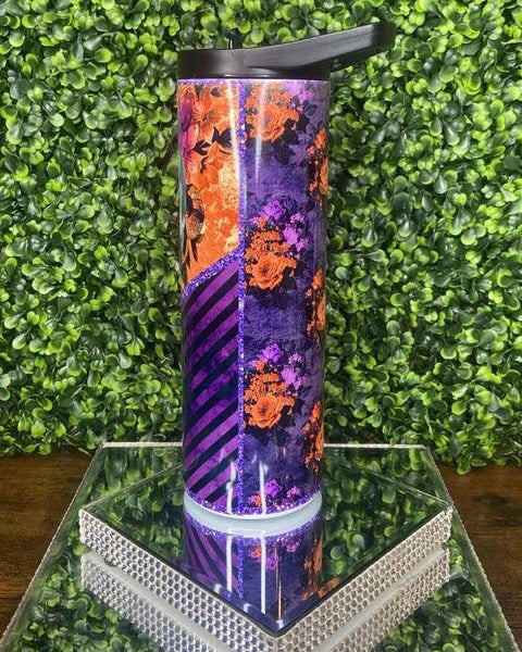 Purple and Orange Floral Skull Water Bottle