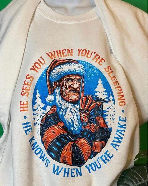 “He Sees You When You’re Sleeping” Christmas Freddy  Long Sleeve Crewneck Sweatshirt