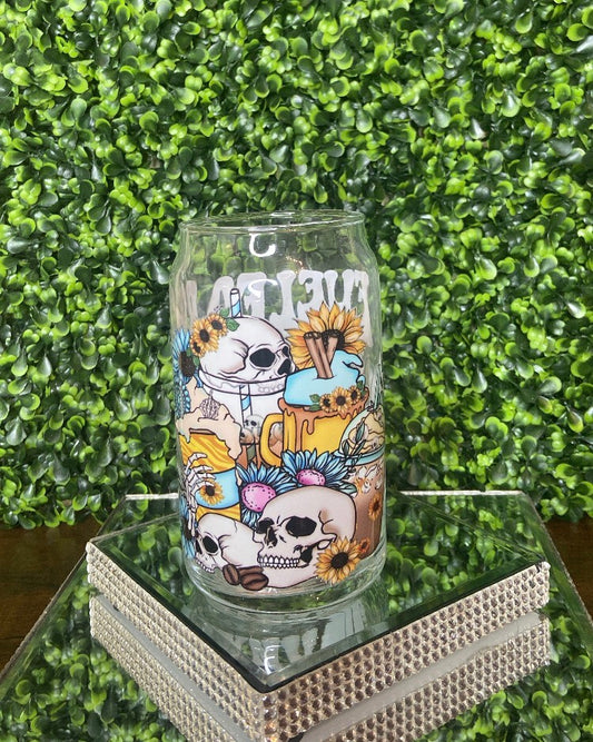 "Fueled By Coffee & Anxiety" Skull Coffee Glass Tumbler